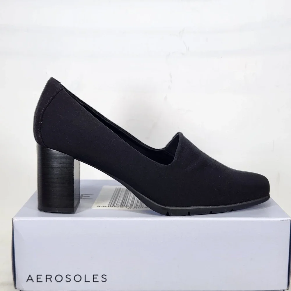 Aerosoles Midnight Pump Women Size 8 Black Block Heel Square Toe Stretch Shoe